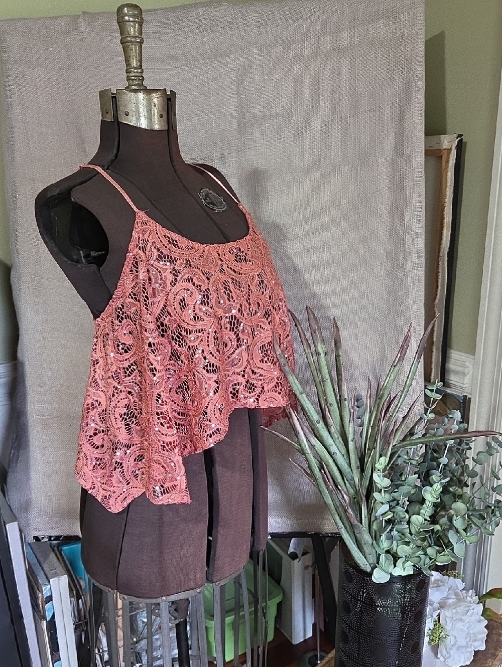 FP Pink Lace Crochet Sparkle Spaghetti Strap Crop Tank Top S